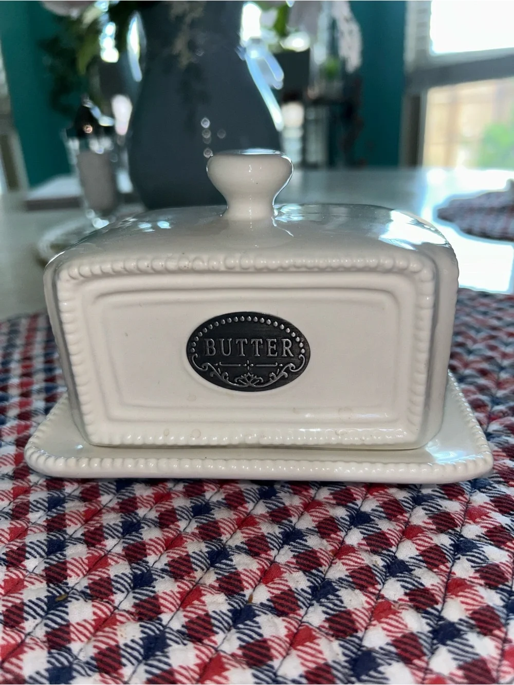 White Ceramic Butter Dish with Lid and Decorative Plaque